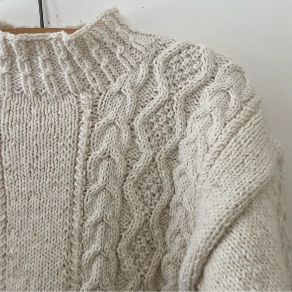 Vintage Handmade Wool Sweater Cream Fisherman Knit Aran Mock Turtleneck S M - Picture 2 of 8